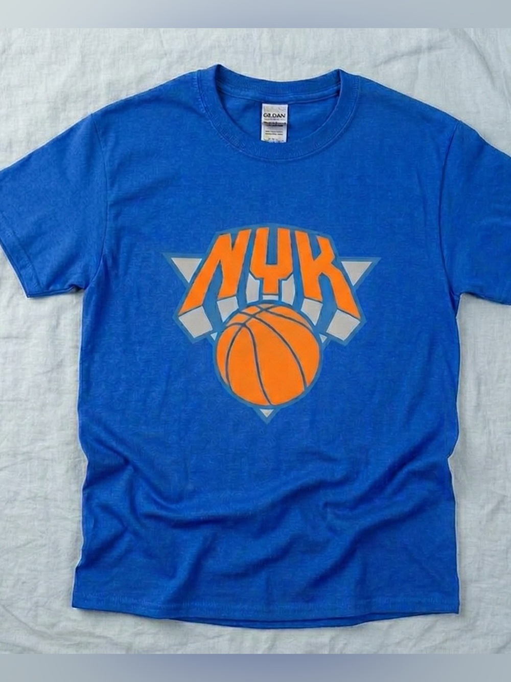 Gildan Royal Blue NYK Basketball Tee with Orange Graphic